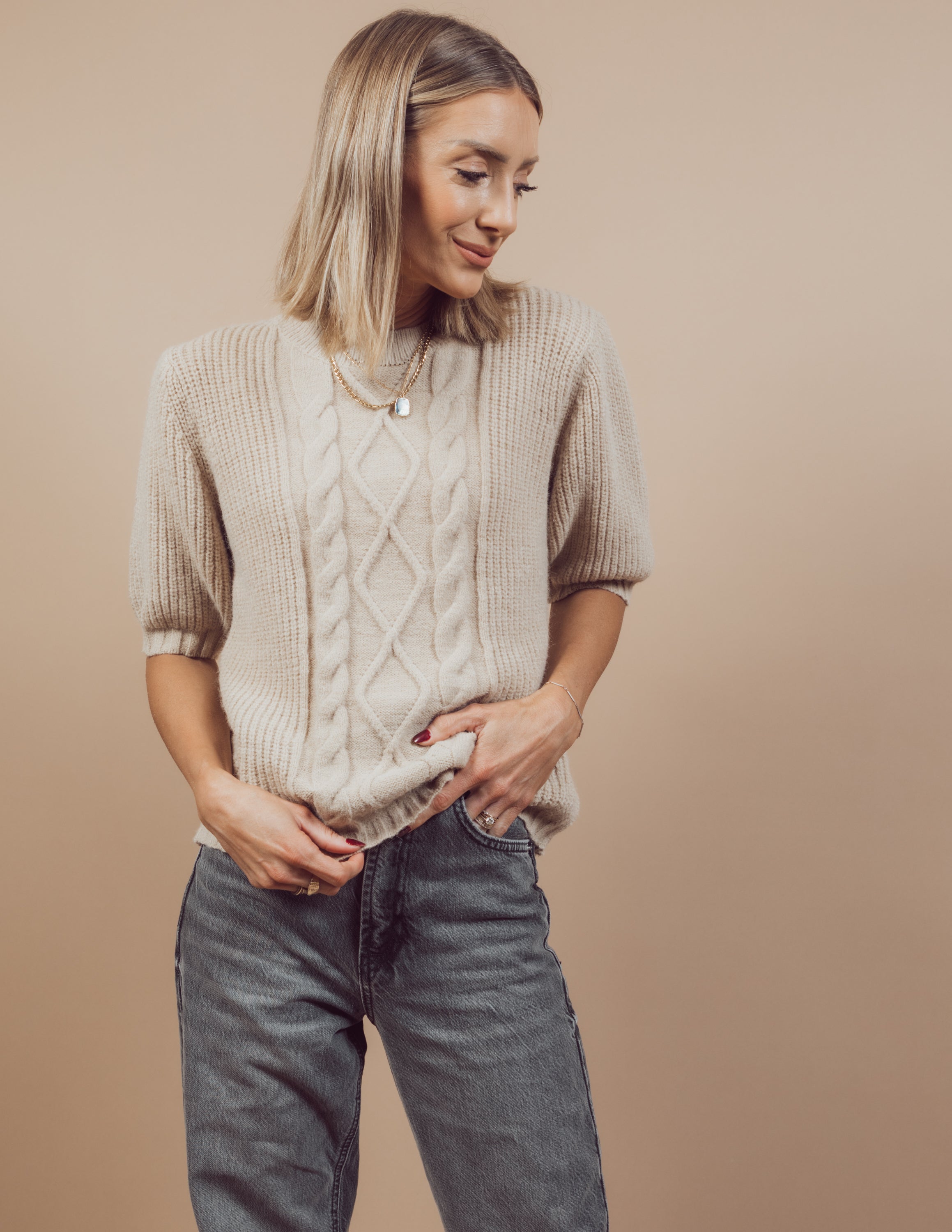Jelena Cable Knit Short Sleeve Sweater