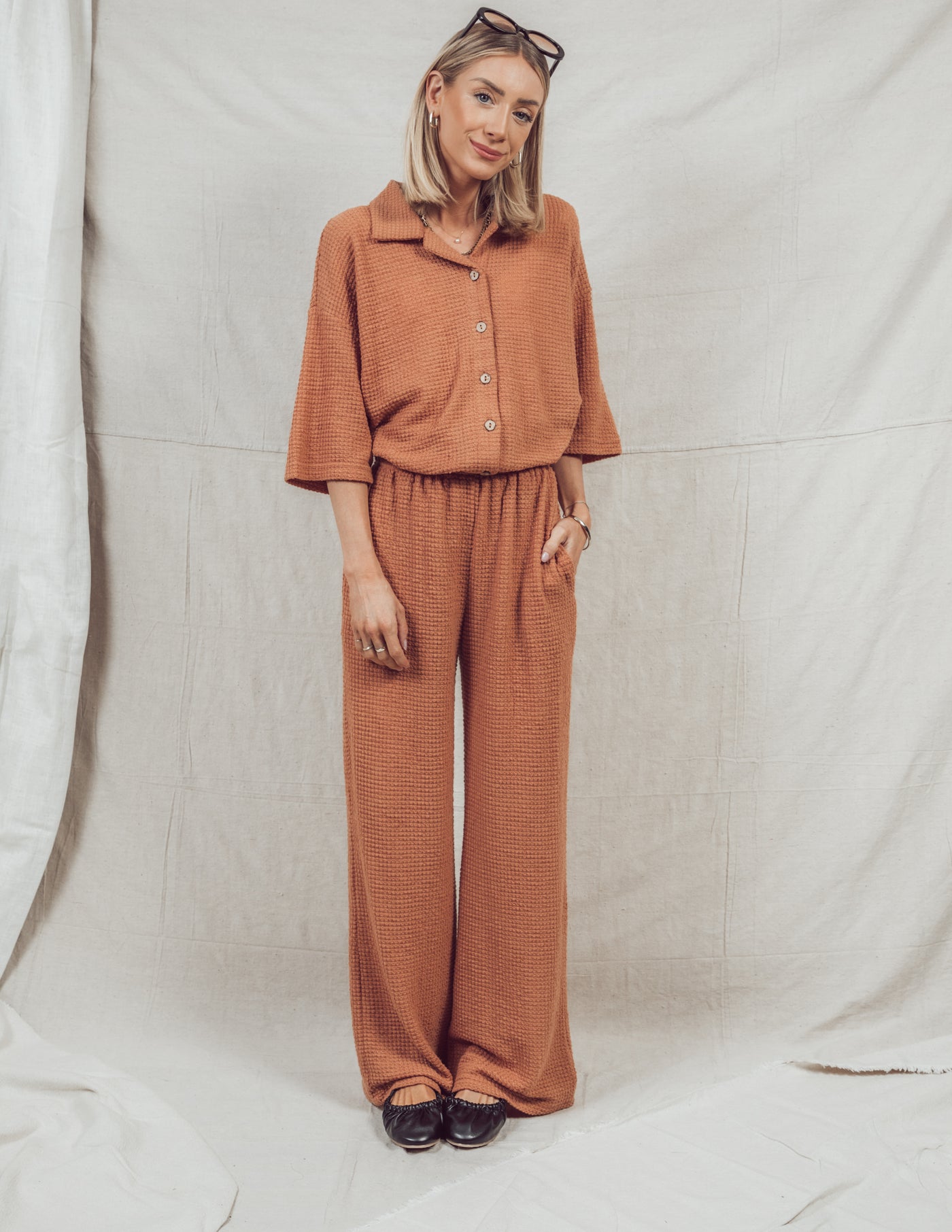 Lina Waffle Knit Button Down Top