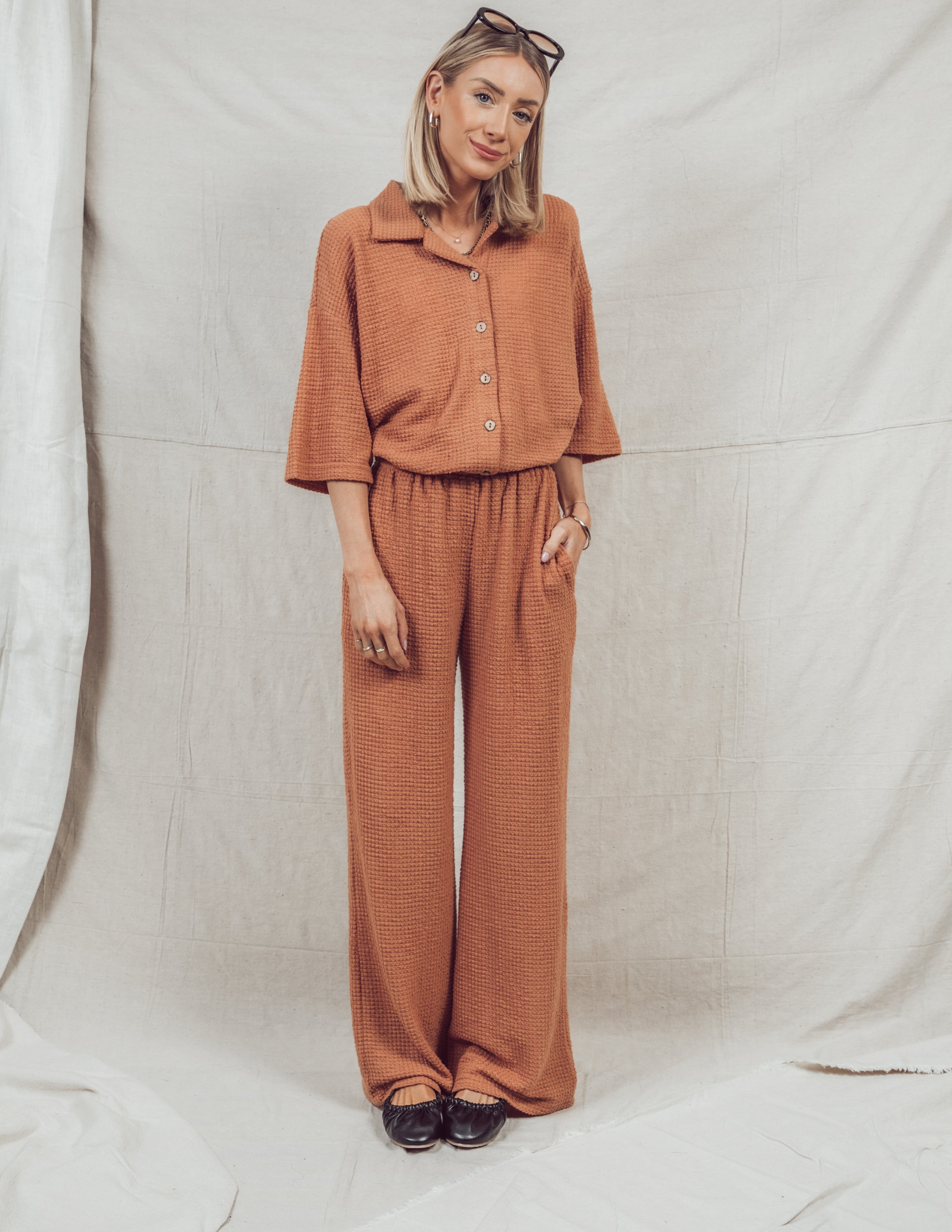 Lina Waffle Knit Button Down Top